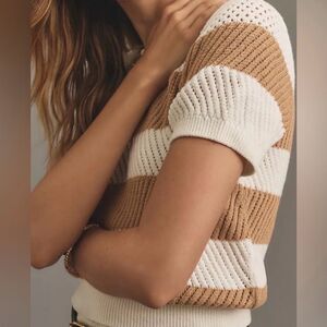 Maeve Short-Sleeve Open-Stitch Mesh Sweater,Round Neck Crop Top,Sz XXS White/Tan